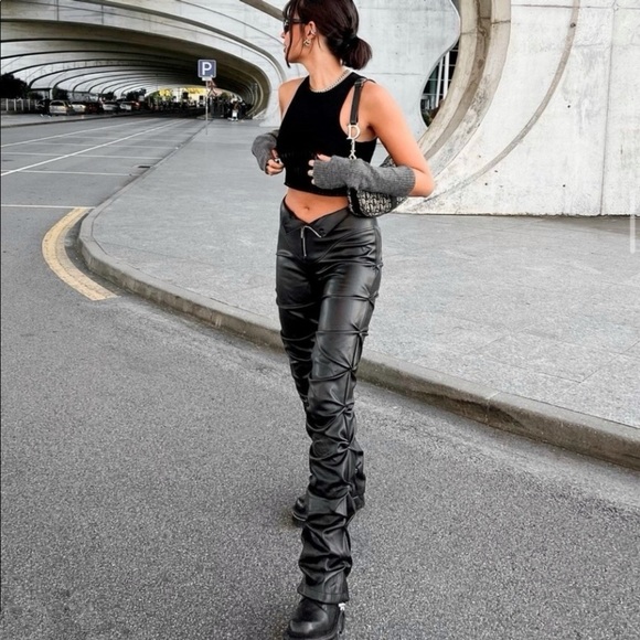 Maniere De Voir Tacked Vegan Leather Flared Trousers High Waist Pant Black 0 - Picture 3 of 16